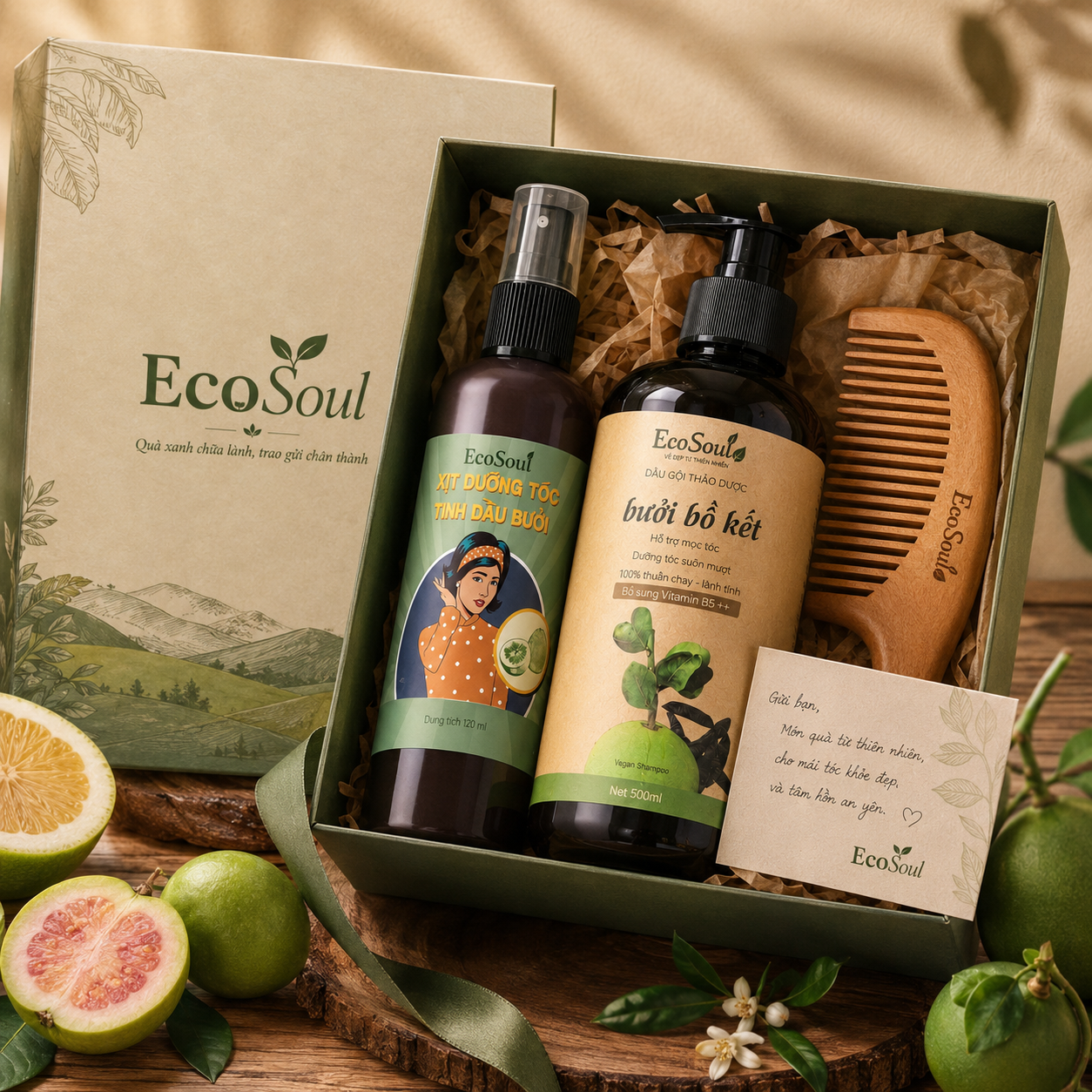 Hộp Quà "Tóc Mây An Yên" – Combo Dầu Gội & Xịt Dưỡng Bưởi Bồ Kết EcoSoul