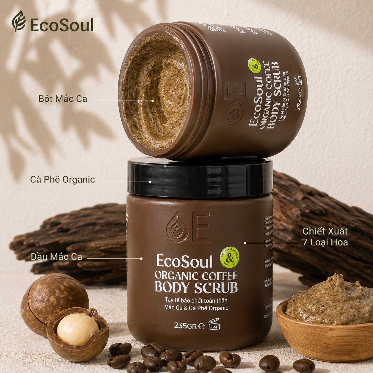 Tẩy Tế Bào Chết Toàn Thân Mắc Ca & Cà Phê Organic – Dưỡng Sáng Da Tự Nhiên