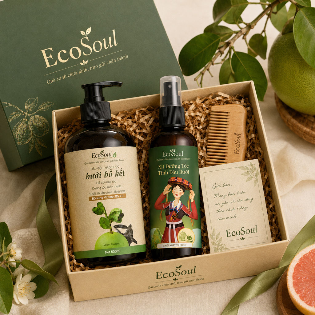 Hộp Quà "Tóc Mây An Yên" – Combo Dầu Gội & Xịt Dưỡng Bưởi Bồ Kết EcoSoul